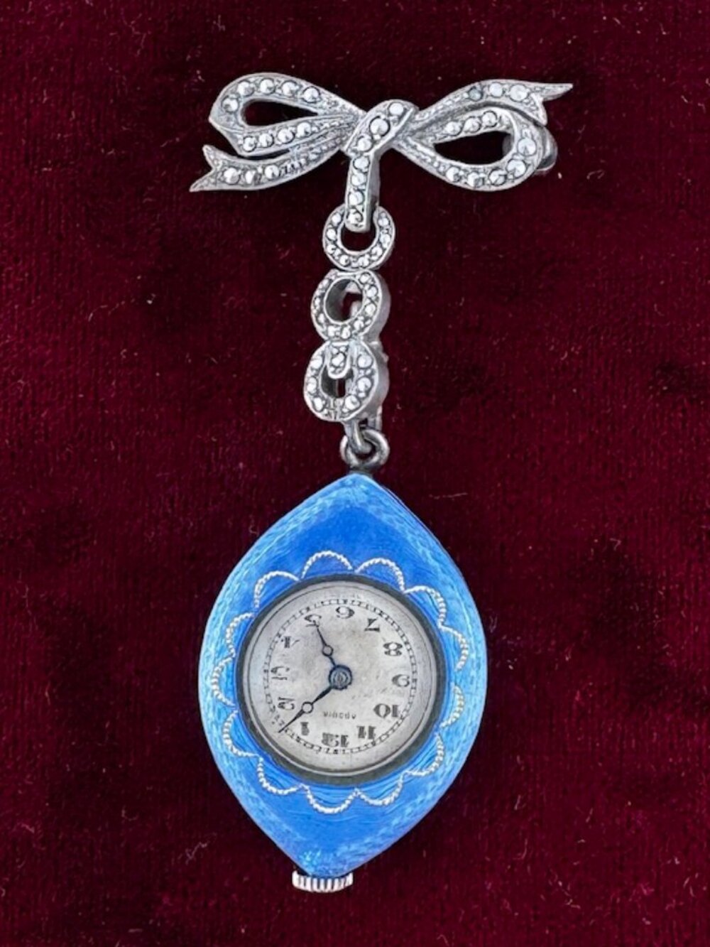 Stunning 1920's Swiss Made .935 Silver Guilloche Powder Blue Maracsite Watch